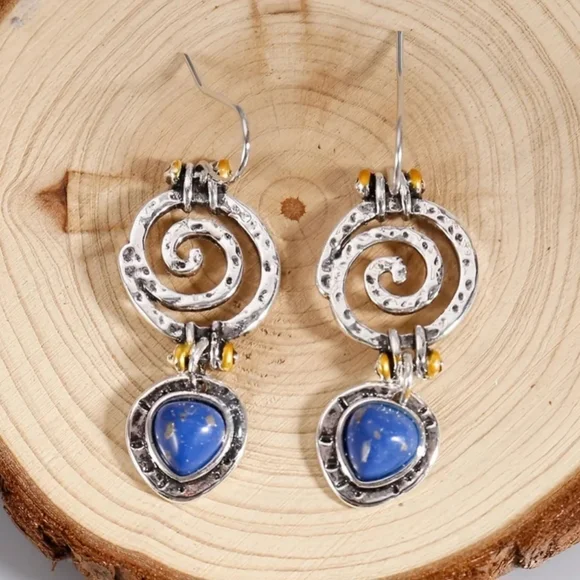 🏷SOLD. Boho dangle earrings Blue hollow stone Antique tribal. NWT 🏆HOST PICK🏆 - Picture 3 of 6
